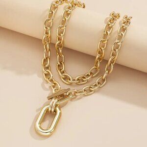 18K Gold Plated Layered Chunky Paperclip Toggle Link Necklace Set NWT